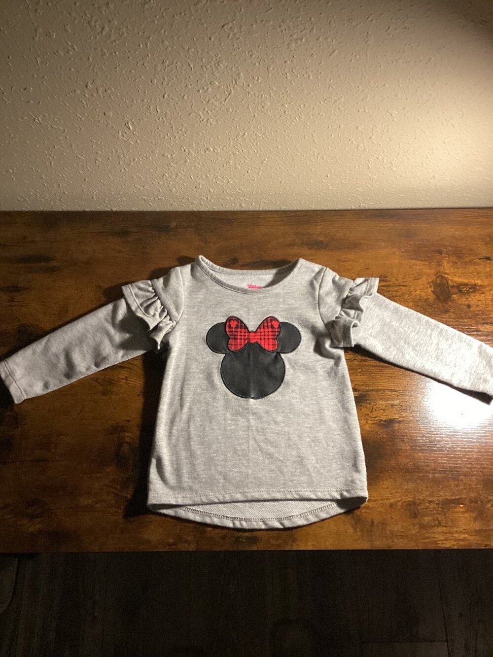 Disney Minnie Mouse Girls Gray Ruffle Long Sleeve Top Plaid Bow